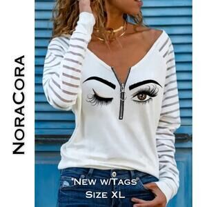 Noracora Graphic Anime Top Tee XL White Black Winking Eye Face Long Sleeve NEW